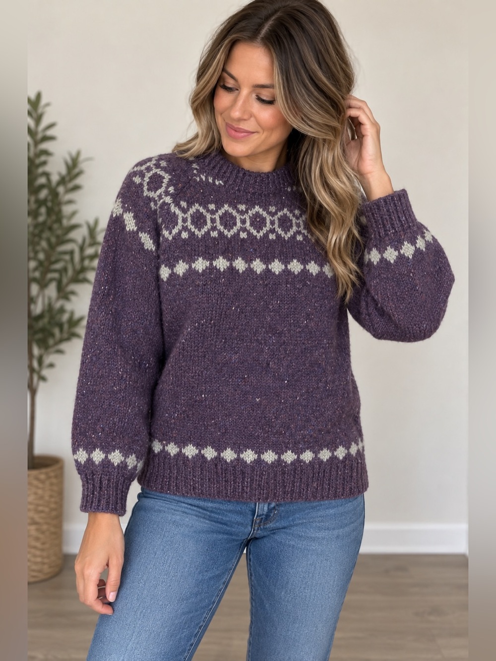 KAGA Knit Purple Gray Fair Isle Nordic Crewneck Sweater Vintage Style